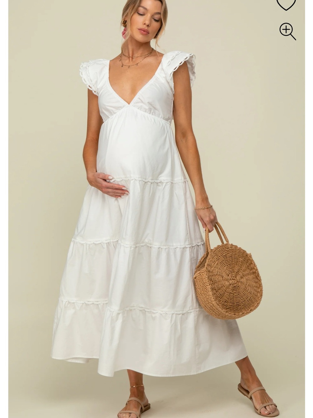 White Ruffle Trim Maternity Maxi Dress